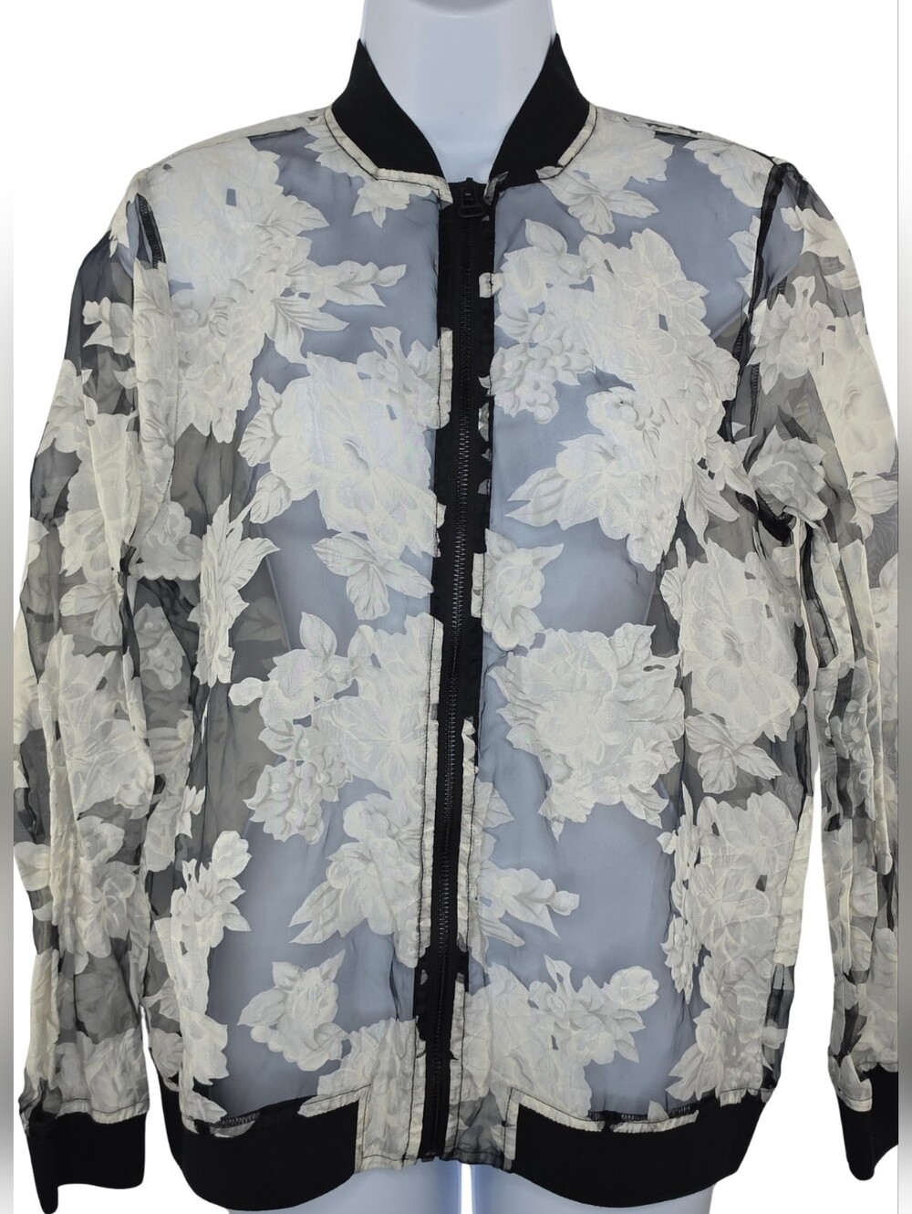 Ruff Hewn S Sheer Black Full Zip Bomber Jacket White Floral 1662-N